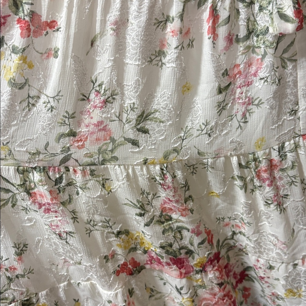 Lulus Shela Cottagecore Fairycore Ivory Floral Jacquard Tiered Midi Dress NEW - Picture 5 of 7